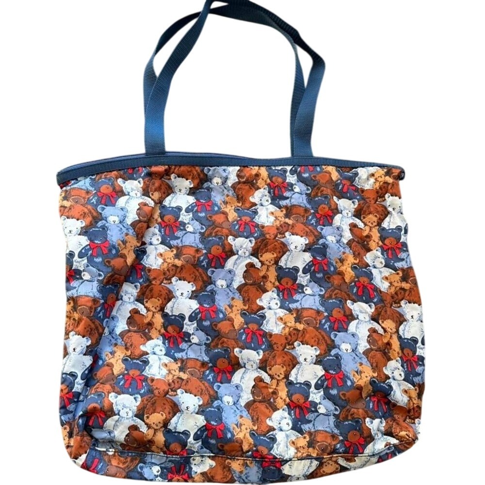 Teddy bear print tote bag‎ with blue straps